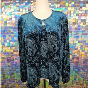R&K Evening 2pc Set Women 12 Teal Blue Velvet Glitter Paisley Cardigan Tank 1245